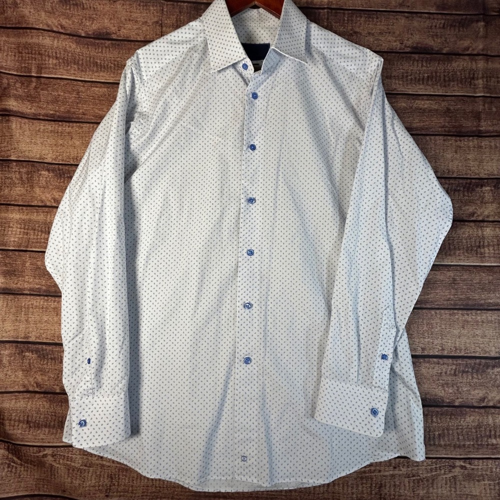 David Donahue Mens Slim Fit Dress Shirt 17 34/35 White Blue Paisley Cotton